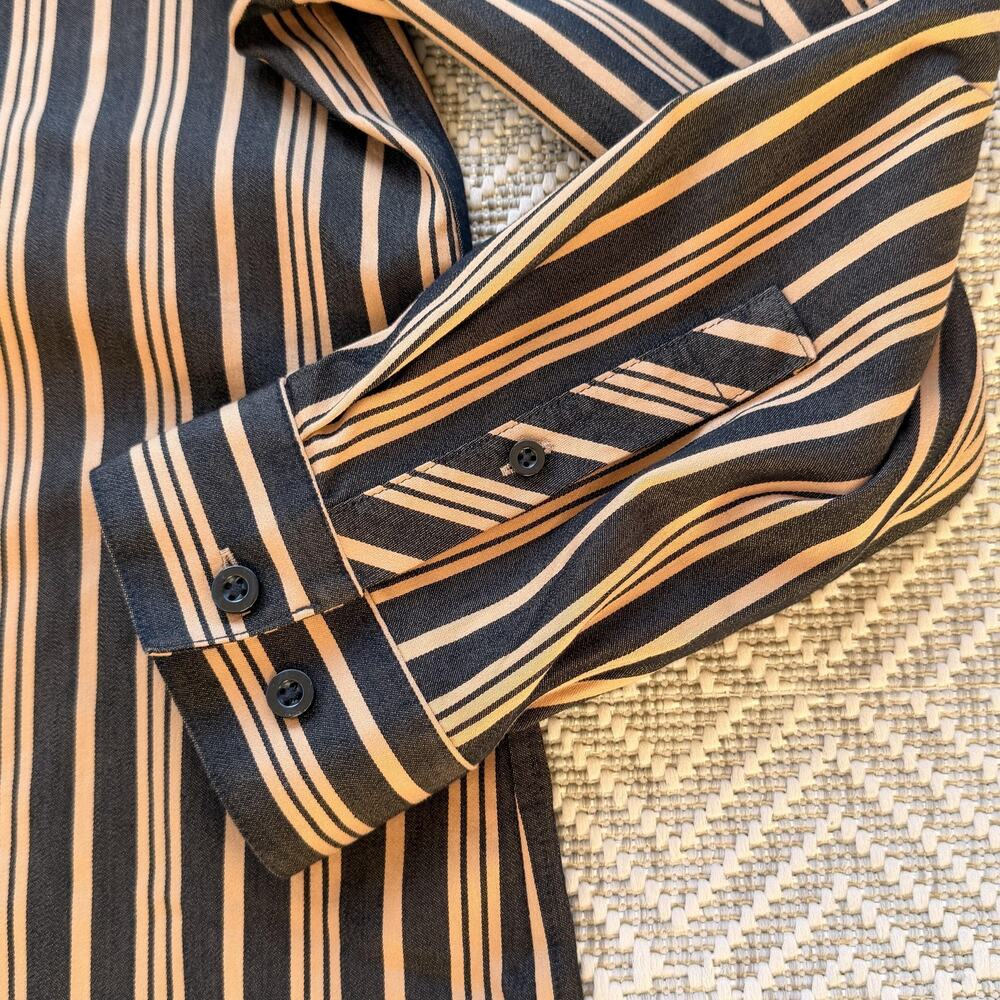 Chicos Shirt Womens 12 Black Tan Stripe Button Front Long Sleeve Stretch Blouse - Picture 6 of 11